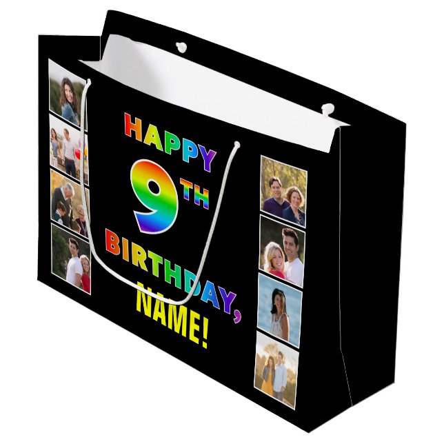 9th Birthday: Rainbow Text, Custom Photos & Name Large Gift Bag (Front Angled)