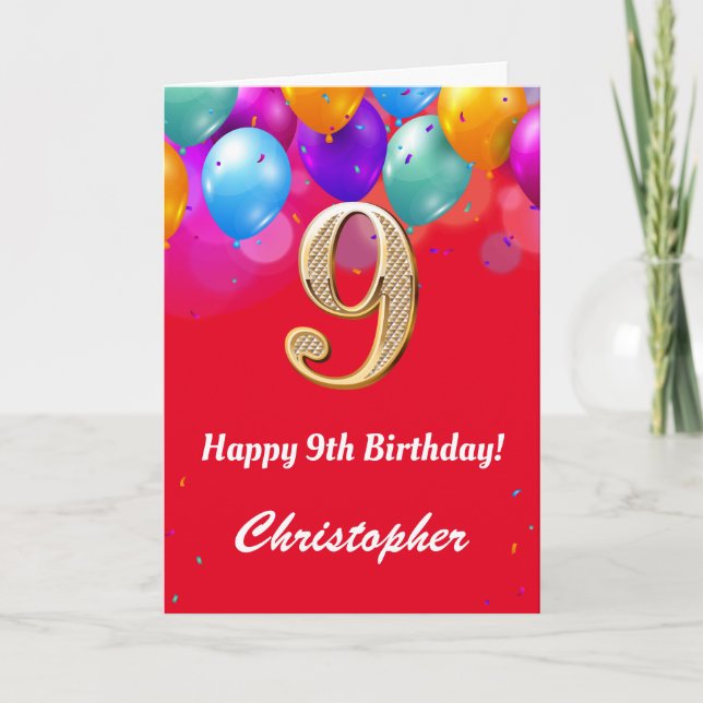 9th Birthday Red and Gold Colourful Balloons Card (Front)