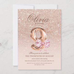 9th Birthday Rose Pink Gold Bow Birthday Party Invitation