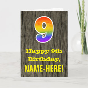 9th Birthday: Rustic Faux Wood Look, Rainbow "9" Card