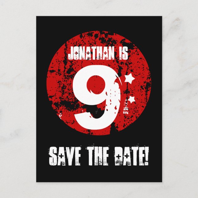 9th Birthday Save the Date Red Black Grunge A01H Announcement Postcard (Front)