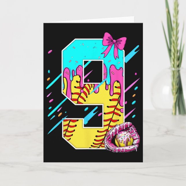 9th Birthday Softll Ice Cream Drip Bow 9 Years Kid Card (Front)