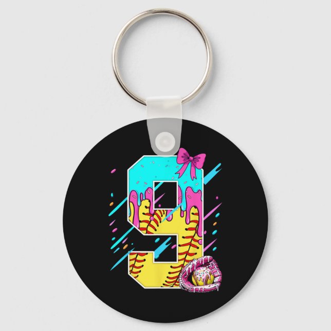 9th Birthday Softll Ice Cream Drip Bow 9 Years Kid Key Ring (Front)