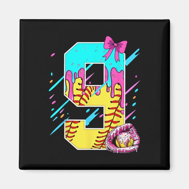 9th Birthday Softll Ice Cream Drip Bow 9 Years Kid Magnet (Front)