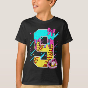9th Birthday Softll Ice Cream Drip Bow 9 Years Kid T-Shirt