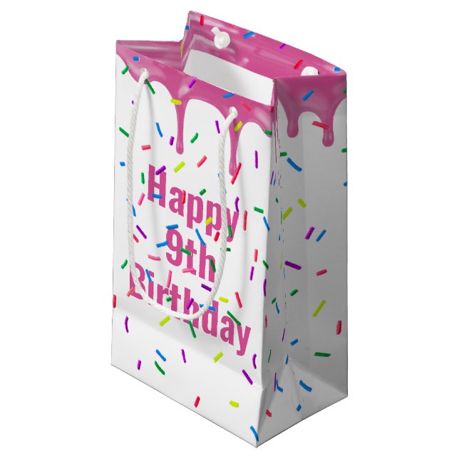 9th Birthday Sprinkles On Pink Icing  Small Gift Bag (Front Angled)