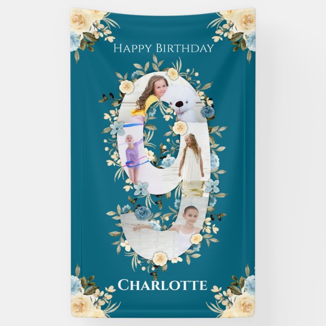 9th Birthday Teal Flower Photo Collage Blue Yellow Banner (Vertical)