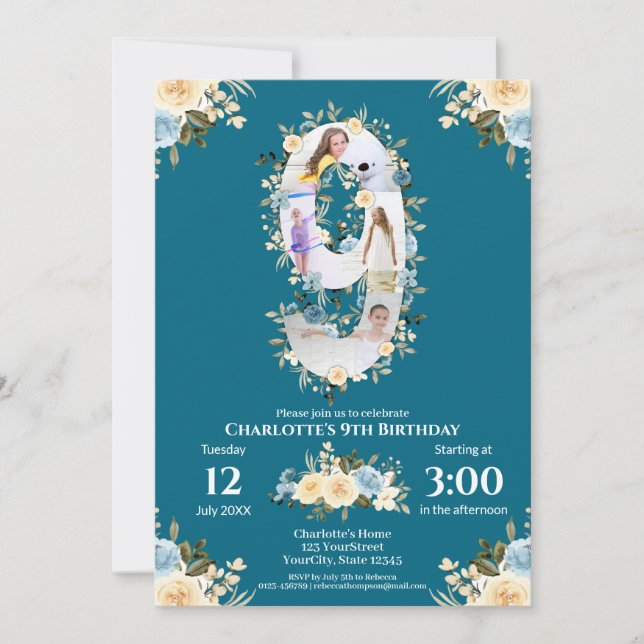 9th Birthday Teal Flower Photo Collage Blue Yellow Invitation (Front)