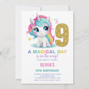 9th Birthday Unicorn Birthday Invitations