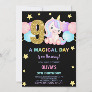 9th Birthday Unicorn Birthday Invitations