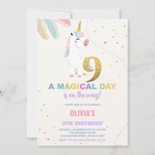 9th Birthday Unicorn Birthday Invitations (Front)