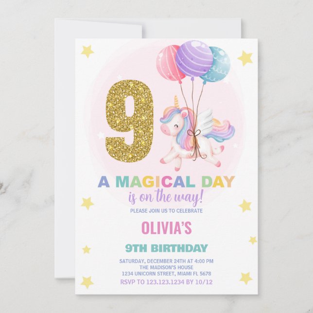 9th Birthday Unicorn Birthday Invitations (Front)