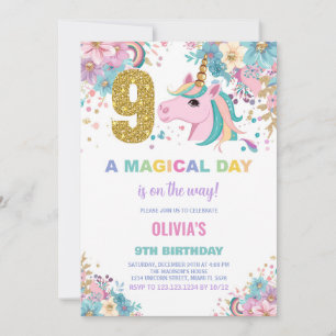 9th Birthday Unicorn Birthday Invitations