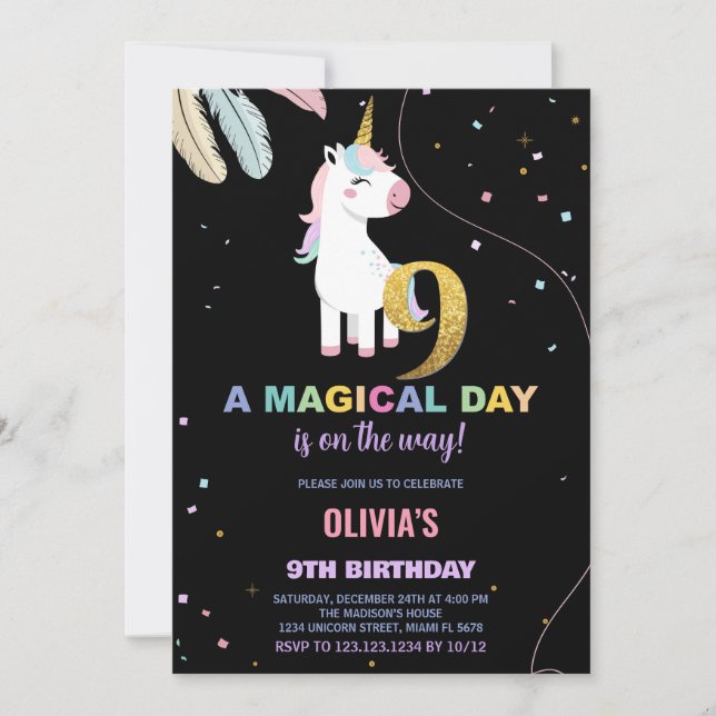 9th Birthday Unicorn Birthday Invitations (Front)