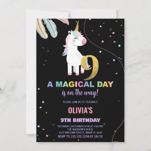 9th Birthday Unicorn Birthday Invitations
