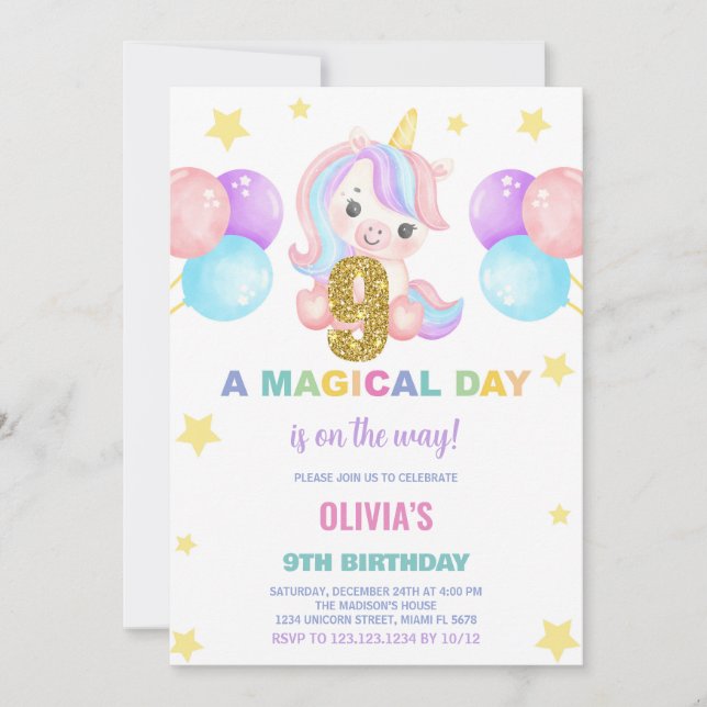 9th Birthday Unicorn Birthday Invitations (Front)