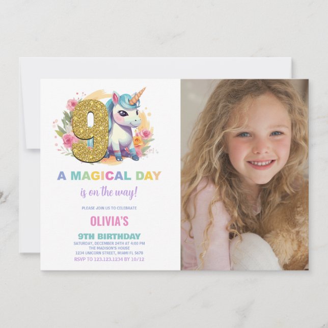 9th Birthday Unicorn Birthday Invitations photo (Front)