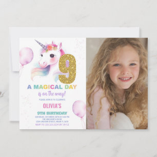 9th Birthday Unicorn Birthday Invitations w photo