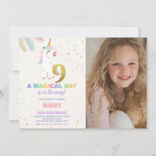 9th Birthday Unicorn Birthday Invitations w photo