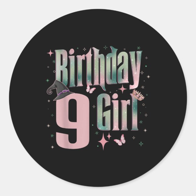 9th Birthday Witch Pink And Green 9 Year Old Birth Classic Round Sticker (Front)