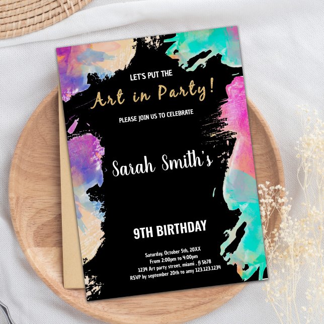 9th Black Purple Paint Birthday Invitations (9th Black Purple Paint Birthday Invitations)