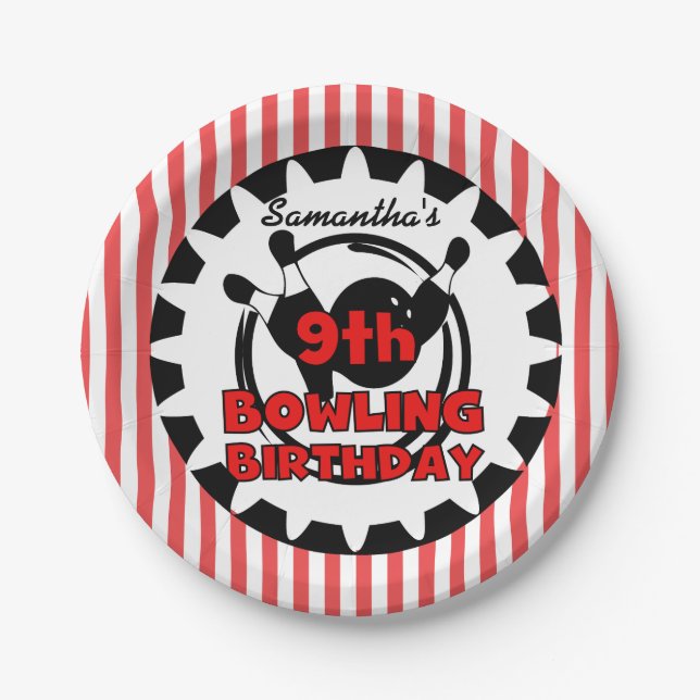 9th Bowling Sports Birthday Paper Plates (Front)