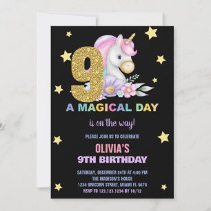 9th Floral Unicorn Birthday Invitations