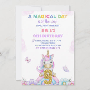9th Floral Unicorn Birthday Invitations
