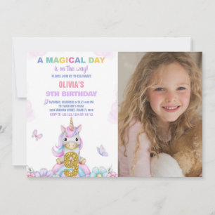 9th Floral Unicorn Birthday Invitations with photo