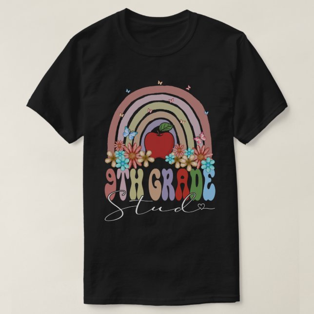 9th Grade Stud Back To School Rainbow Retro Groovy T-Shirt (Design Front)