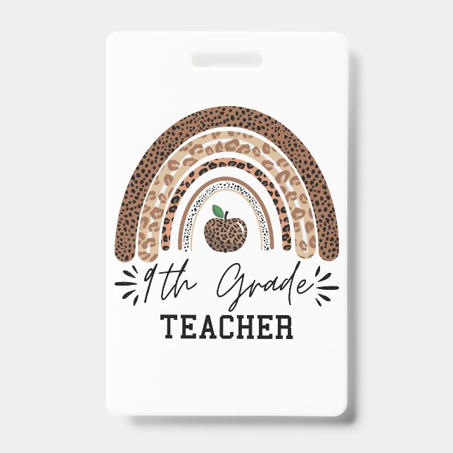 9th grade teacher leopard rainbow Thanksgiving day ID Badge (Front)