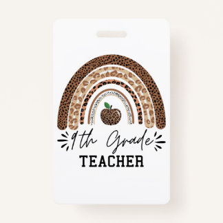 9th grade teacher leopard rainbow Thanksgiving day ID Badge