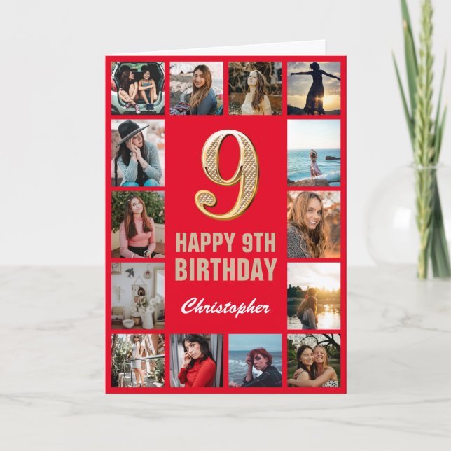 9th Happy Birthday Red and Gold Photo Collage Card (Front)