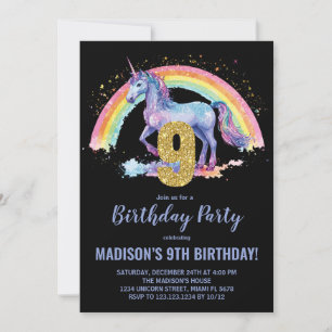 9th Rainbow Unicorn Birthday Invitations