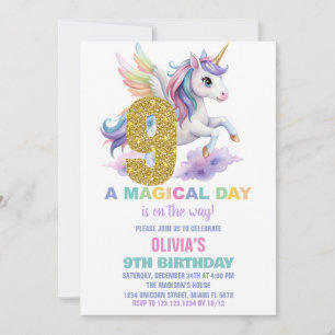 9th Rainbow Unicorn Birthday Invitations Fly