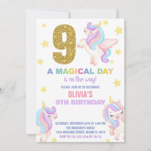 9th Rainbow Unicorn Birthday Invitations Fly