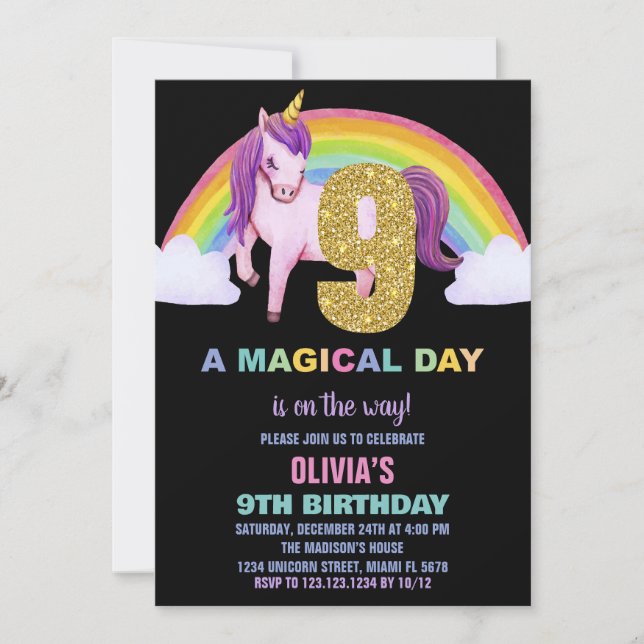 9th Rainbow Unicorn Birthday Invitations Glitter (Front)