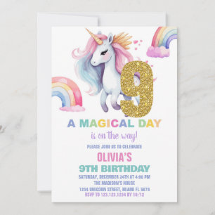 9th Rainbow Unicorn Birthday Invitations Glitter