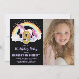 9th Rainbow Unicorn Birthday Invitations photo