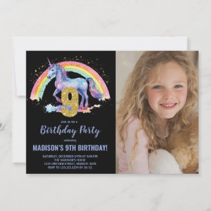 9th Rainbow Unicorn Birthday Invitations photo