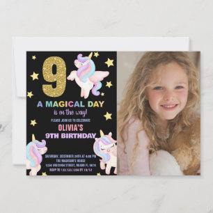 9th Rainbow Unicorn Birthday Invitations w photo