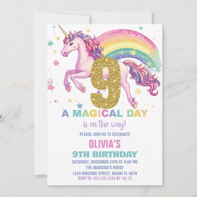 9th Unicorn Birthday Invitations (Front)