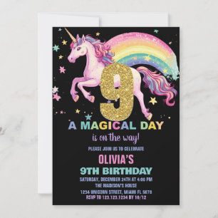 9th Unicorn Birthday Invitations Black