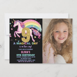 9th Unicorn Birthday Invitations Black with photo