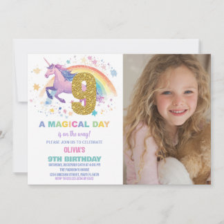 9th Unicorn Birthday Invitations with photo