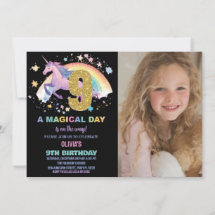 9th Unicorn Birthday Invitations with photo