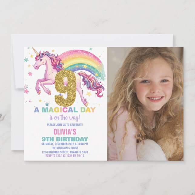 9th Unicorn Birthday Invitations with picture (Front)