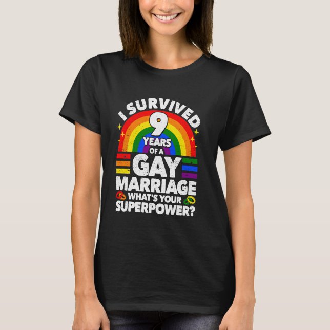 9th Wedding Anniversary 9 Years Gay Marriage Husba T-Shirt (Front)