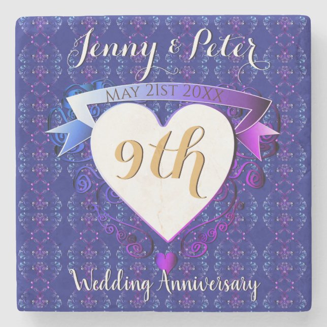 9th Wedding Anniversary Lapis Lazuli wHeart Emblem Stone Coaster (Front)