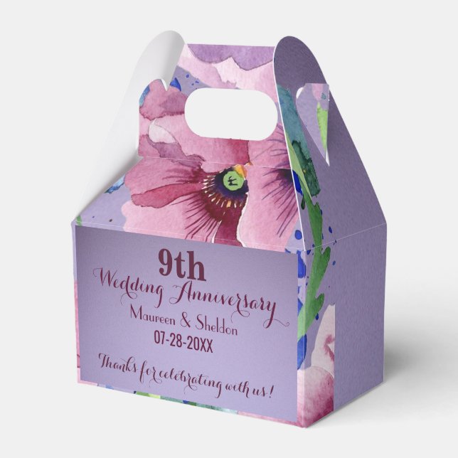 9th Wedding Anniversary Purple and Poppy  Favour Box (Front Side)